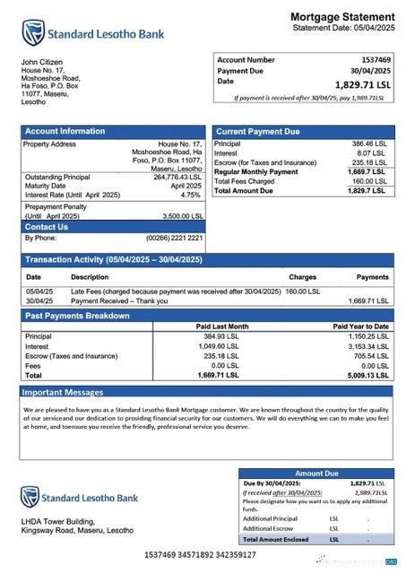 Download Lesotho Standard Lesotho Bank mortgage statement Word and PDF template Photoshop template